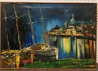 Oil On Canvas Night Scene With Sailboats