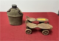 Antique Army Canteen and metal roller skates