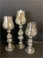 3 glass candle holders silver motif 16"-12"