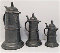 Set of Three German Pewter Pitchers