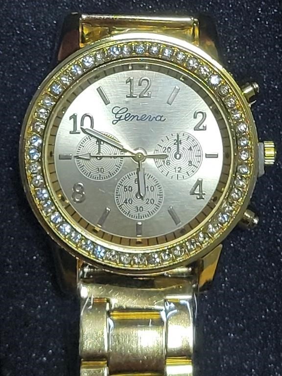 Men's Geneva Goldtone & Rhinestone Watch NEW