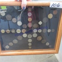 Wood show case w/foreign coins