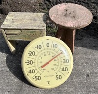 2 Wooden Stools With A Outdoor Thermometer