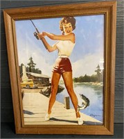 Framed Pin-Up Girl Fishing Picture