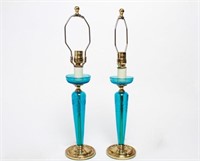 Clear Etched Turquoise Glass Candlestick Lamps-2