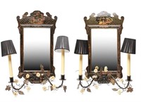Chinoiserie Manner Framed Mirror Wall Sconces Pair