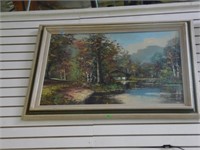 DOUBLE FRAMED OIL ON CANVAS OF HOUSE & POND IN WOO