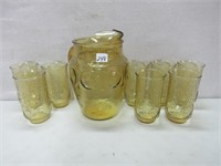 PRETTY AMBER GLASS PITCHER AND TUMBLERS