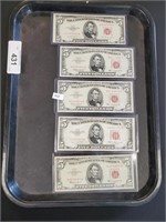 5 1963 Red Seal Five Dollar Bills.
