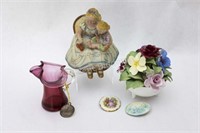 China Bouquet, Cranberry Pitcher, Bisque Figurine