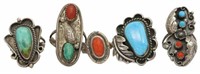 (5) NATIVE AMERICAN SILVER & TURQUOISE RINGS