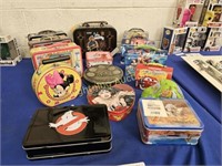 LOT OF KIDS LUNCH BOXES AND TIN CANS