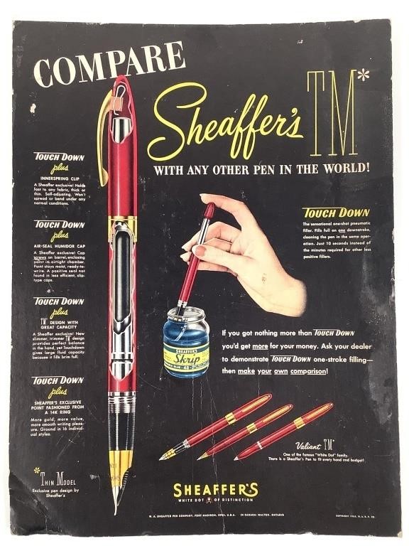 1952 Advert. Sign Sheaffer's Pens, Touch Down Plus