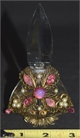 Czech Vtg Jeweled Brass & Crystal Perfume Bottle