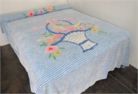 Vintage Blue/White & Floral Chenille Bedspread