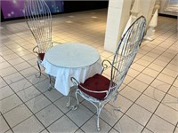 White Antiqued Metal Patio Table and 2 Chairs