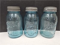 3 Aqua Blue Qt. Ball Jars W Zinc Lids