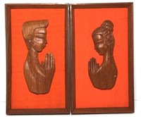 Wood Carved Praying Figure Plaques on Framed