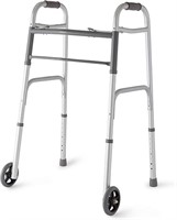 (N) Medline Two-Button Folding Walker with Wheels,