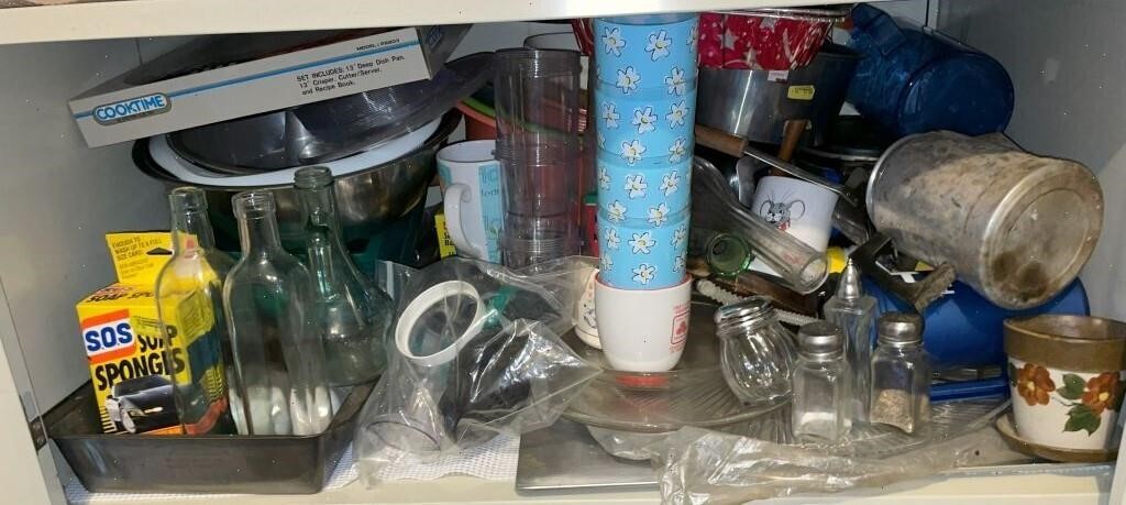 Shelf Lot:  Bottles, Cups, Cookware, Glasses,