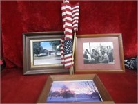 3 framed pictures and American flags.
