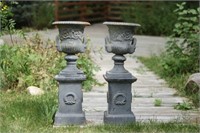 Pair of Iron Urns on Stands