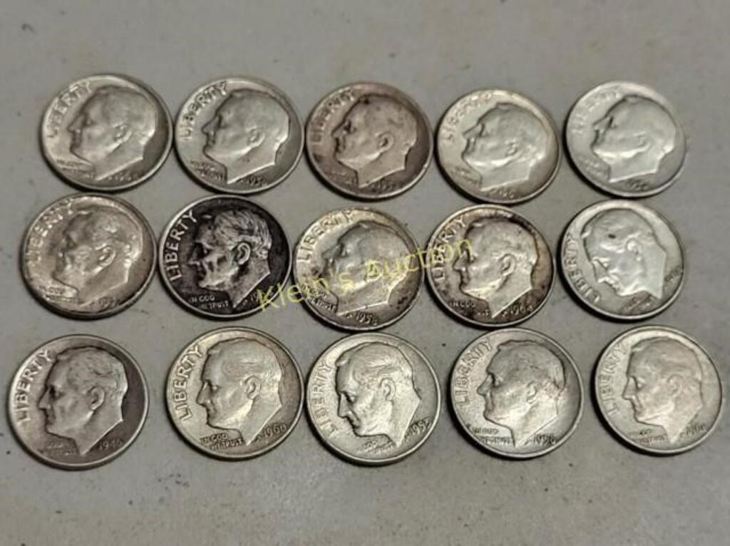 15 silver dimes roosevelt dimes nice! 1946-64