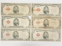 6 Red Seal 1928 $5 Untied States Note / Bills