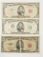 1953 B & C Red Seal $5 Bills & 1950 D $5 Bill