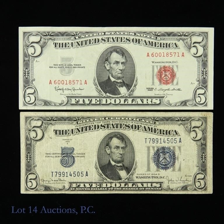 1934-D $5 Silver Certif. & 1963 $5 U.S Note (2)