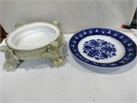 Footed dish marked Paris Blue plate Mark Paris