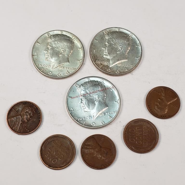 3- 1964 Kennedy Halves & 5- Wheat Pennies