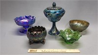 5 Pc Lot of Carnival Glass: Candy Dish & Bowls