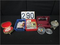 Group of Stamps, buttons, costume jewelry, etc.