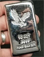 10 Troy Oz .9999 Fine Silver Poured Bar w/Eagle