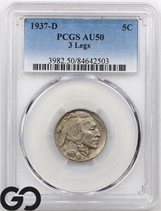 1937-D Buffalo Nickel, PCGS AU50 ** RARE 3-legged