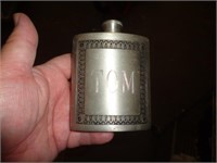 PEWTER FLASK ETCHED WITH "TOM"