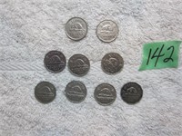 9 Canadian nickels 1947,1953,1958,4-1960,1962