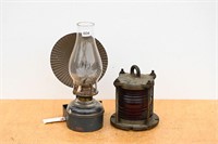 RED SIGNAL LANTERN & OIL LAMP WITH WALL BRACKET