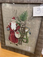 FATHER CHRISTMAS & REINDEER CROSS STITCHED PIC.