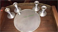 Round mirror plateau, two pairs of pewter