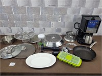 Coffee maker, pan, crystal cake platter, etc