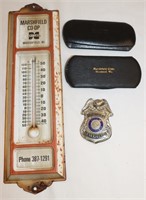 Vintage Marshfield Thermometer, Badge & 2 Cases