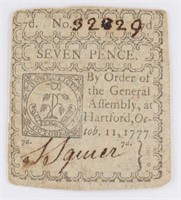 1777 CONNECTICUT COLONIAL 7 PENCE BANK NOTE
