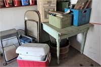 primitive table, coolers and contents