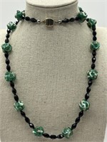 Antique 14K GF Molded Green Art Glass Necklace
