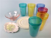 Plastic cups, pink Depression glass bowl, milk