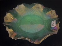 Blue Iridescent Carnival Glass Ruffle Dish, 10"