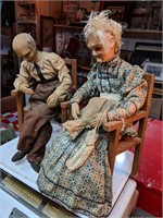 Two Primitive Antique Scary Dolls in Chairs