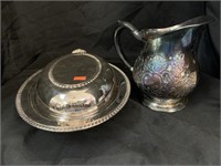 SILVER PLATE PITCHER AND COVERED DISH